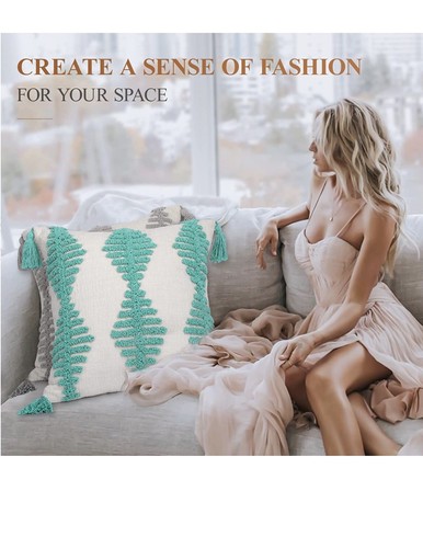 Lewondr Cuscino Lancio Cuscino Singolo Bohemien Teal Tessuto Lino x2 Solo Copertura - Foto 6 di 7