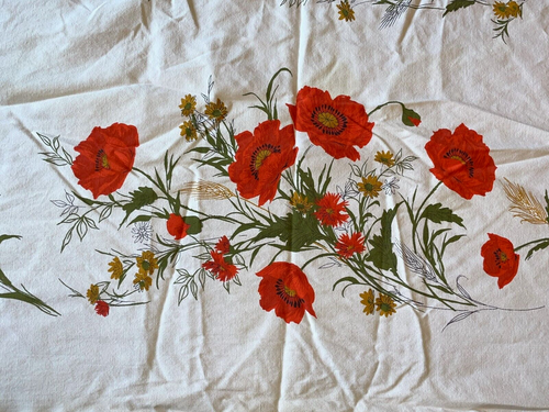 Vintage Tablecloth Linen Cotton POPPIES POPPY Flowers Floral 52" x 62" - Picture 2 of 5