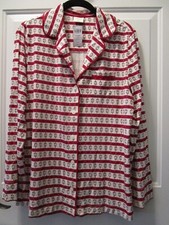 SOMA COOL NIGHTS NOTCH COLLAR PAJAMA TOP IN ALPINE LEAVES IVORY/RED SIZE MEDIUM