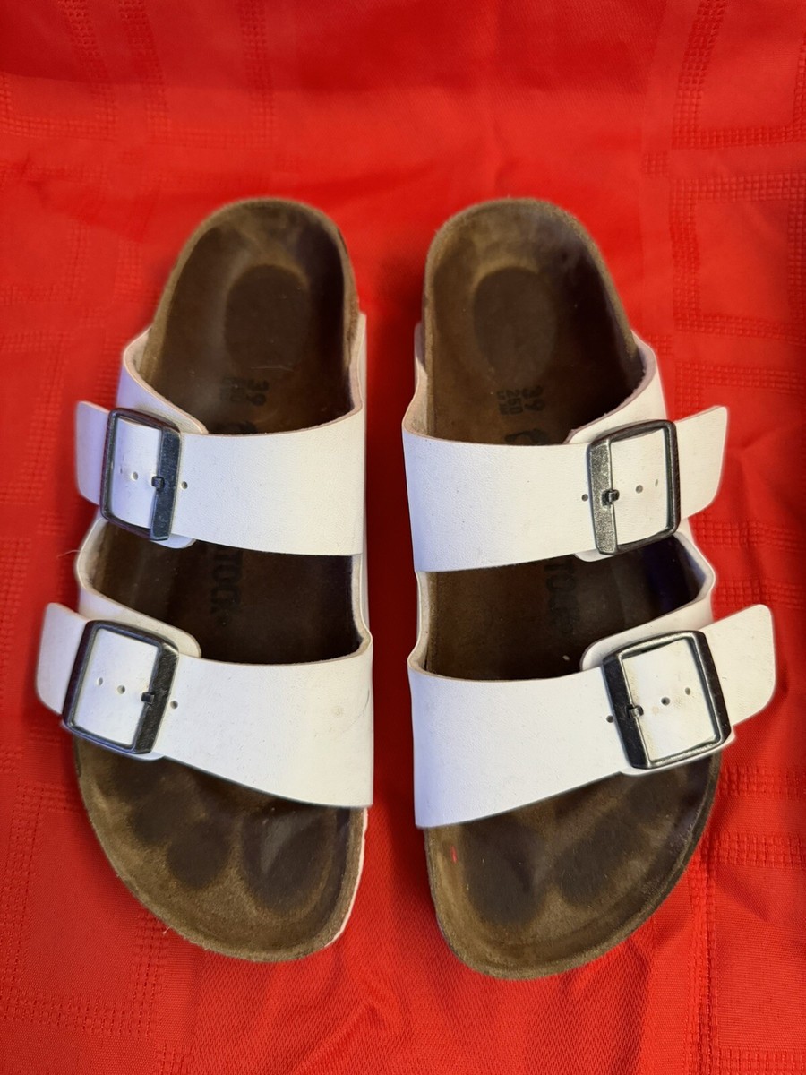 Birkenstock White Arizona Leather Sandals Silver Buckles Sz 39