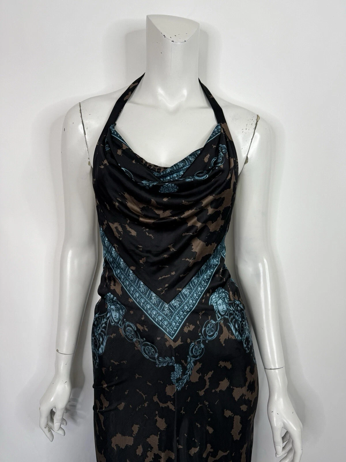 Abito Vintage Versace Nero Marrone Stampa Barocca Halter IT42
