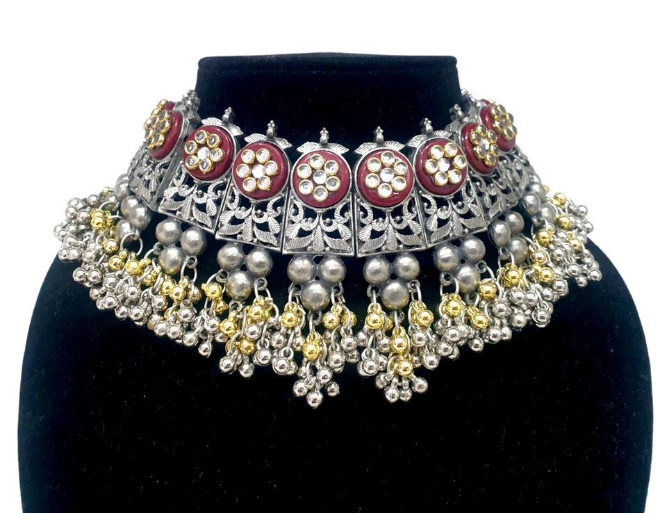 Fina plata alemana oxidada, kundan n redondo piedra kundan conjunto collar cuentas Foto 2 de 4