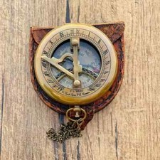 Antique Brass Pocket Compass Sundial Vintage Nautical Gift With Lather Case