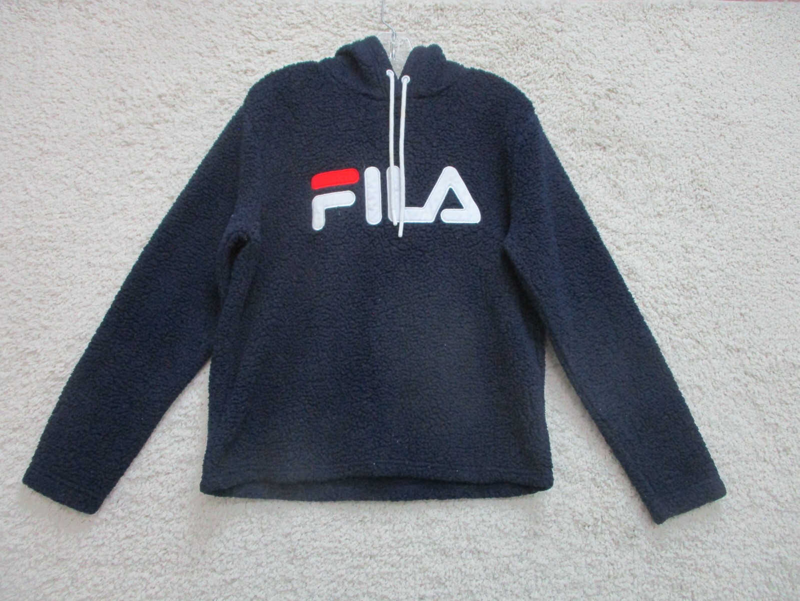 FILA Maglione Grande Adulto Blu Navy Pullover Felpa con Cappuccio Logo Scritto Sherpa Donna L