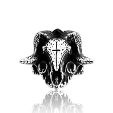 Vintage Cross Ram Skull Heavy Biker Ring Stainless Steel Gothic Satan Skull Ring