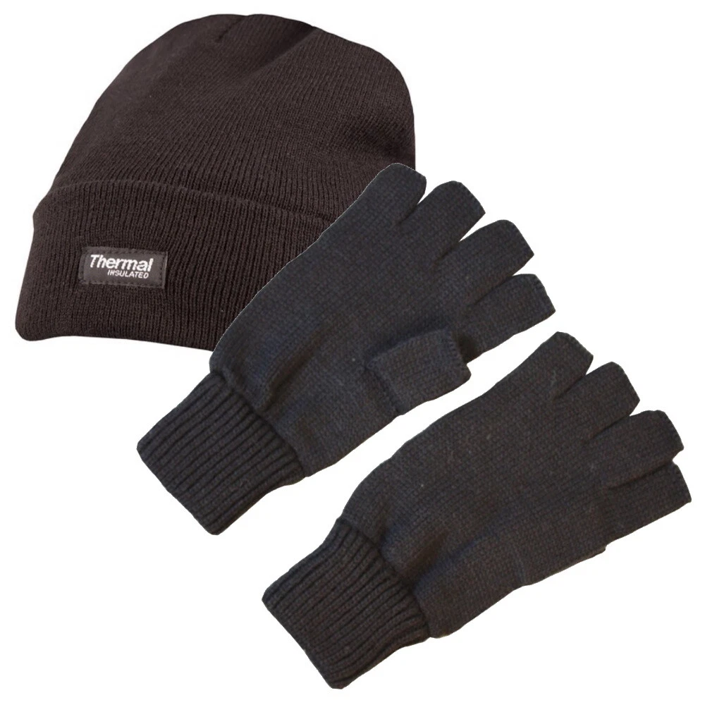 Fingerless Gloves and Beanie Hat Thermal Wool Mens Warm Fishing