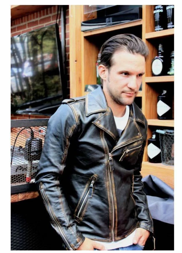 Mens distressed black store leather jacket