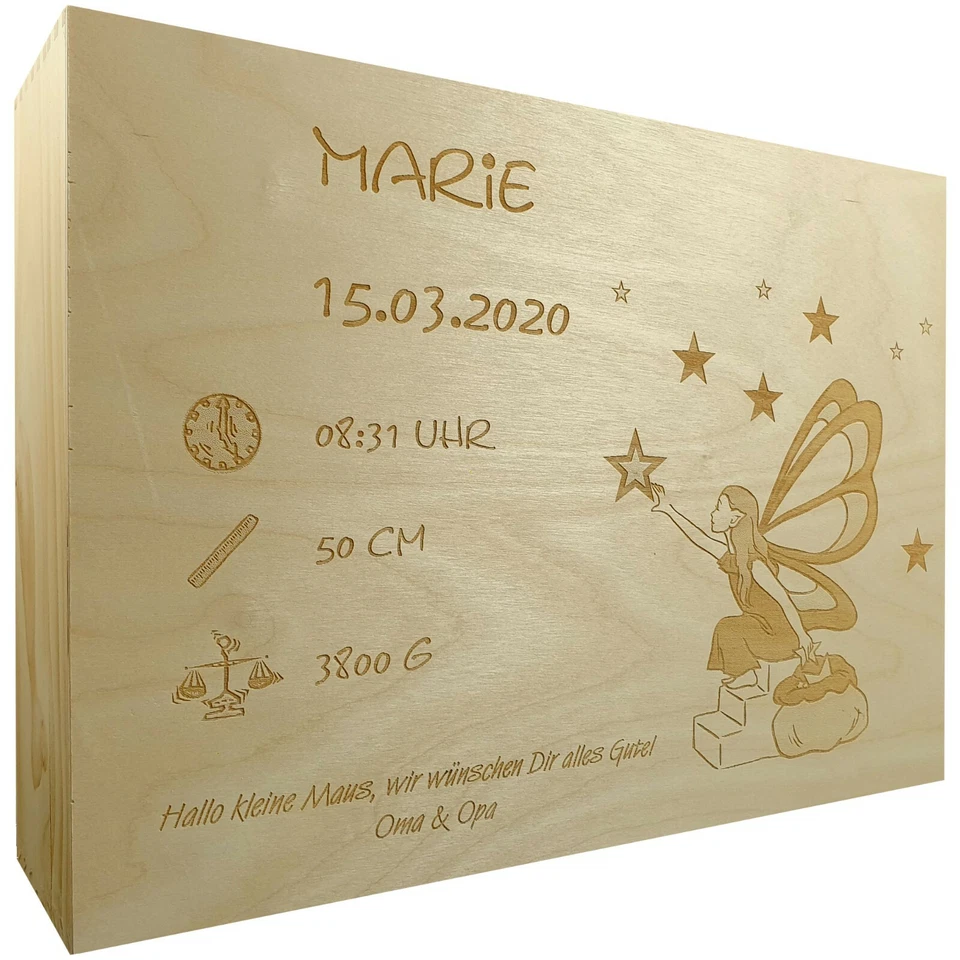 HANDGEFERTIGT Erinnerungskiste Holzkiste personalisiert Geschenk zur Taufe Geburt Elfe