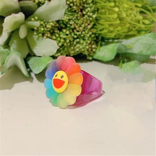 Cute Rainbow Sunflower Ring Retro Resin Square Accessory Colorful Floral Jewelry - Picture 6 of 17