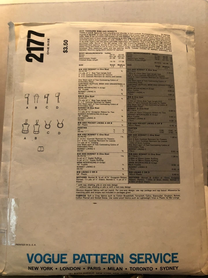 Vogue Pattern 2177 TODDLERS BIBS & BONNETS OS Unisex ""Little Vogue" VTG - Image 2 of 3