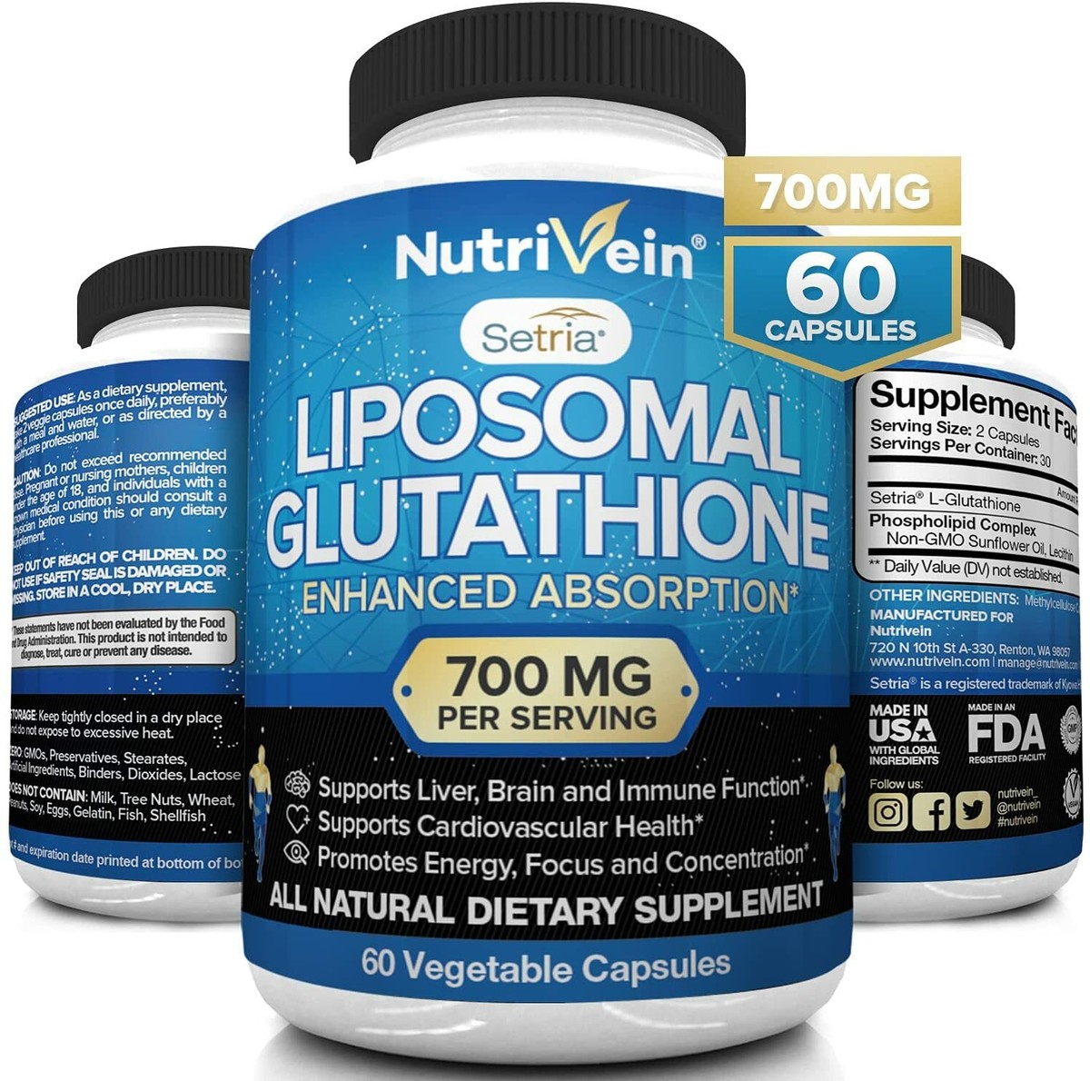 glutathione power 700 Nutrivein Liposomal Glutathione Setria® 700mg - 60 Capsules