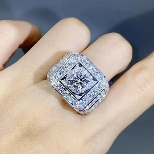 3.20Ct Round Cut Moissanite Men's Halo Pinky Ring 14K White Gold Plated Silver - Picture 6 of 7