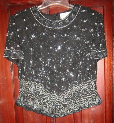 Papell Boutique Evening Sz L M Beaded Top Blouse Shirt Short Sleeve Floral Silk