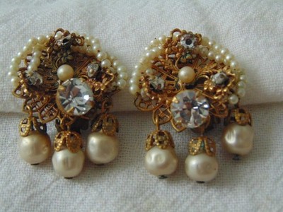 antique early Miriam Haskell crystals glass pearl dangle clip on earrings