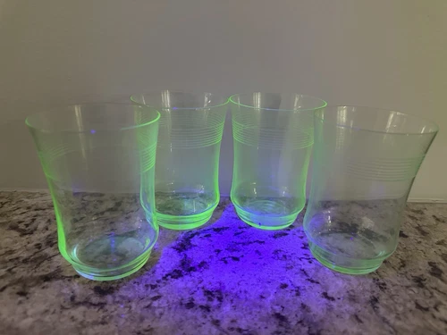 Set Of 4 Vintage Uranium Green Depression Glass Tumblers 4"  Etched (Read Desc)