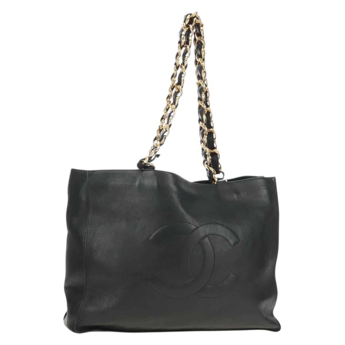 CHANEL COCO Mark Chain Tote Bag Leather Black Gold CC Auth bs35989V