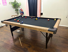 Rustic Wood Finish Pool/Billiard Table, Black Felt, Corner Pockets, Ball Set