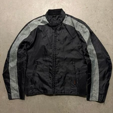 Vintage Y2K Hot Leathers Striped Zip Up Moto Biker Racing Jacket M Black Boxy