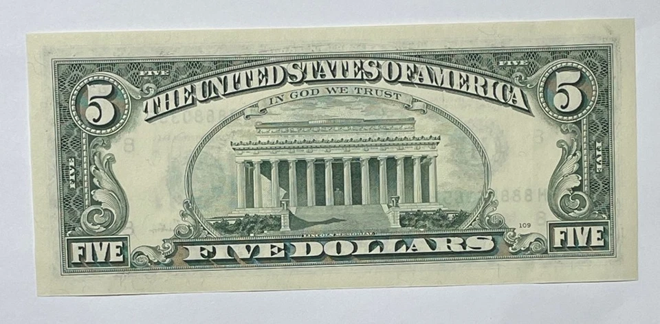 U.S. - Series 1995 $5.00 Federal Reserve Note (88880365 Serial Numbers) - Nice - Image 2 of 2