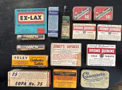 Lot Of 15 QUACK Medicine Pharmacy Drug NOS Full Laxatives Cascara Bromo Quinine
