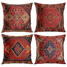 Set of 4 Throw Pillow Covers Tribal Abstract Red and Black Vintage Carpet