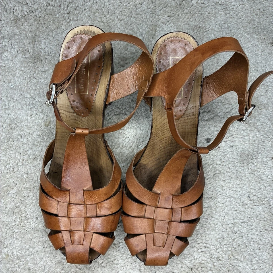TOPSHOP Sandalia de Cuero Marrón Madera Tacón Zueco Plataforma Punta Cerrada Talla 42 10.5-11 Foto 3 de 4
