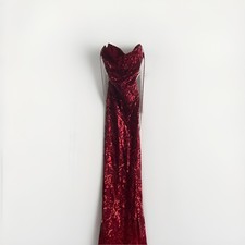 Burgundy Sequin Sweetheart Spaghetti Strap Backless Corset Maxi Dress M
