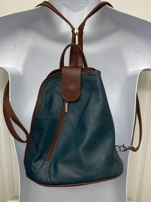 Vera Pelle Italian Leather Mini Convertible Backpack Blue- Green Brown/NEW