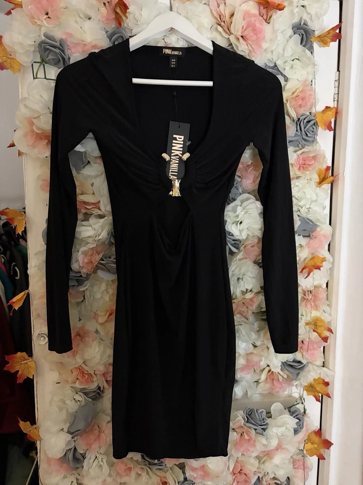 Pink Vanilla Gold Trim Slinky Cut Out Dress Size m New With Tags - Imagen 4 de 4