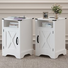 2x Farmhouse End Table with Charging Station Rustic Night Stand with Cabinet