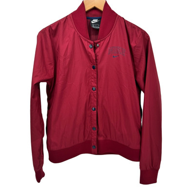 Nike Satin Jacket Womens Small Red Snap Up Varsity Cropped + Pockets Blue Logo