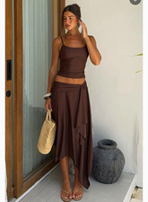 White Fox Brown Knit 2-Piece Set Tank & Skirt M Asymmetric Stretch