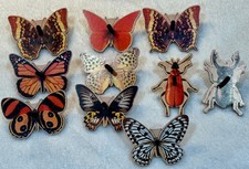 Vintage Butterfly and Beetle Spinning Tops Lot-Lithograped Wood Folk Art Toys