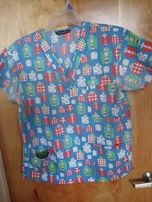WOMAN'S LARGE CHRISTMAS PRESENT THEMED SCRUB TOP SHIRT BY CASSANDRA O