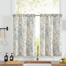 Floral Linen Tier Curtains Blue Flower on Beige Cafe Curtains 36 Inch Length ...