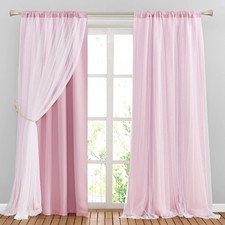 Pink Curtains for Bedroom - Double-Layered Curtains for Nursery Girls with Tie-B