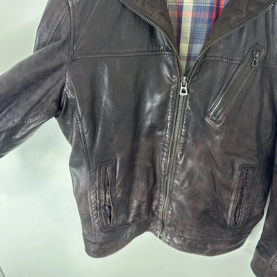 Hugo Boss Naranja Hombre Cordero Cuero Chaqueta Marrón Talla 38 Moto Cuadros Forrada Cremallera Foto 3 de 4