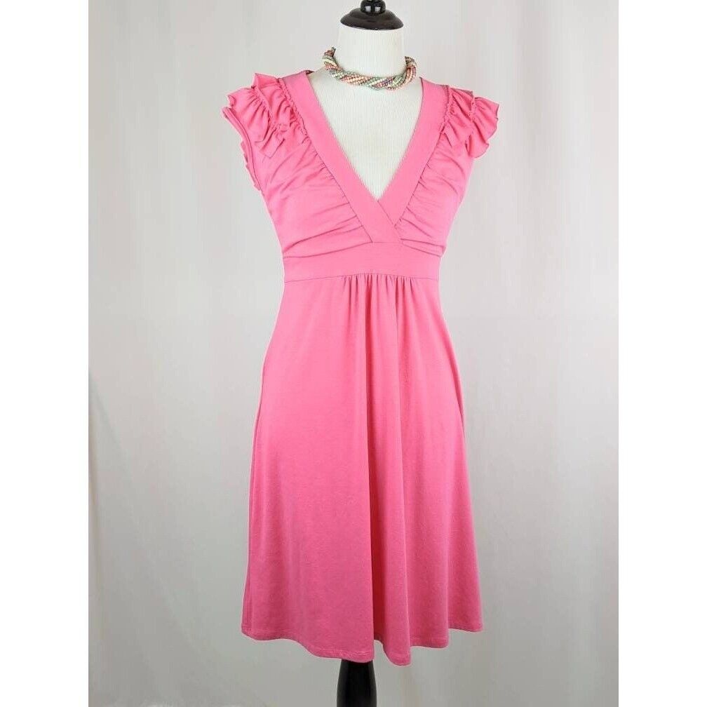 Vtg 80s Bubblegum Pink Soft Jersey Knit Pullover Dress Women's V-Neck Sundress