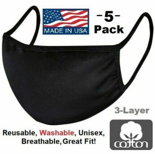 5 Pack Black Cotton Face Mask Reusable Washable Breathable Coverings Unisex USA - Picture 6 of 7