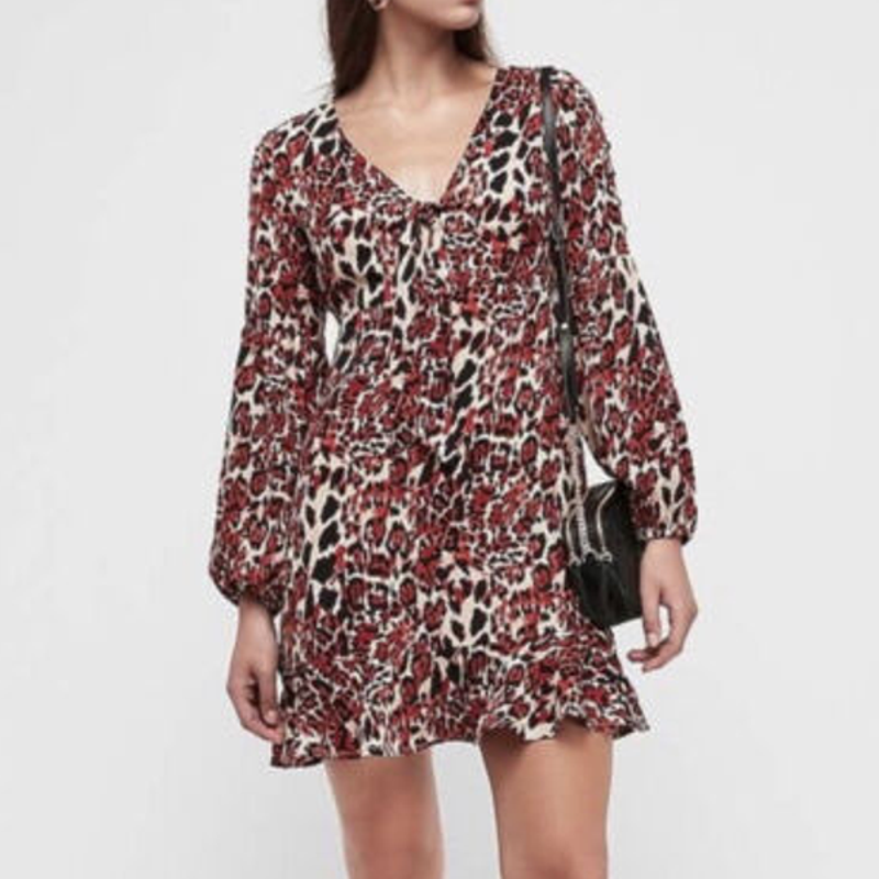 Express Red Leopard Tie-Front Keyhole Under-Bust Peasant Sleeve Mini Dress  Large