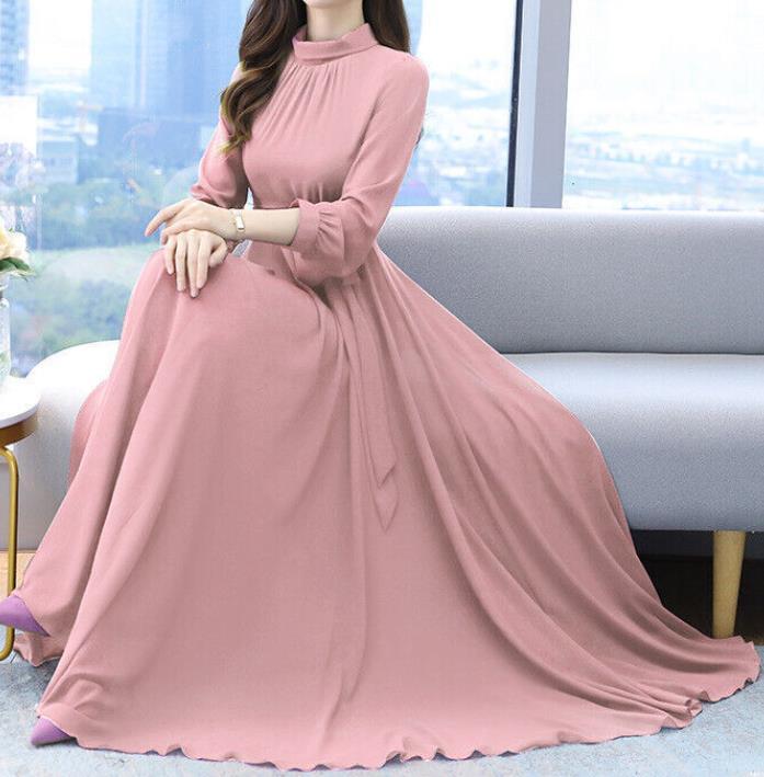 Women's Long Sleeve O-Neck Swing Dress Evening Prom Gown Fashion Long Maxi  Dress