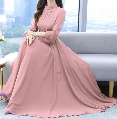 Damen Langarm O-Ausschnitt Swing Kleid Abend Ballkleid Mode Langes Maxikleid - Bild 15 von 19