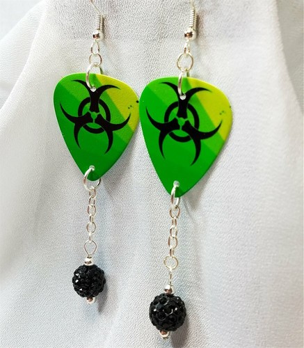 Green with Black Toxic Symbol Guitar Pick Earrings with Black Pave Bead Dangles - Picture 3 of 4