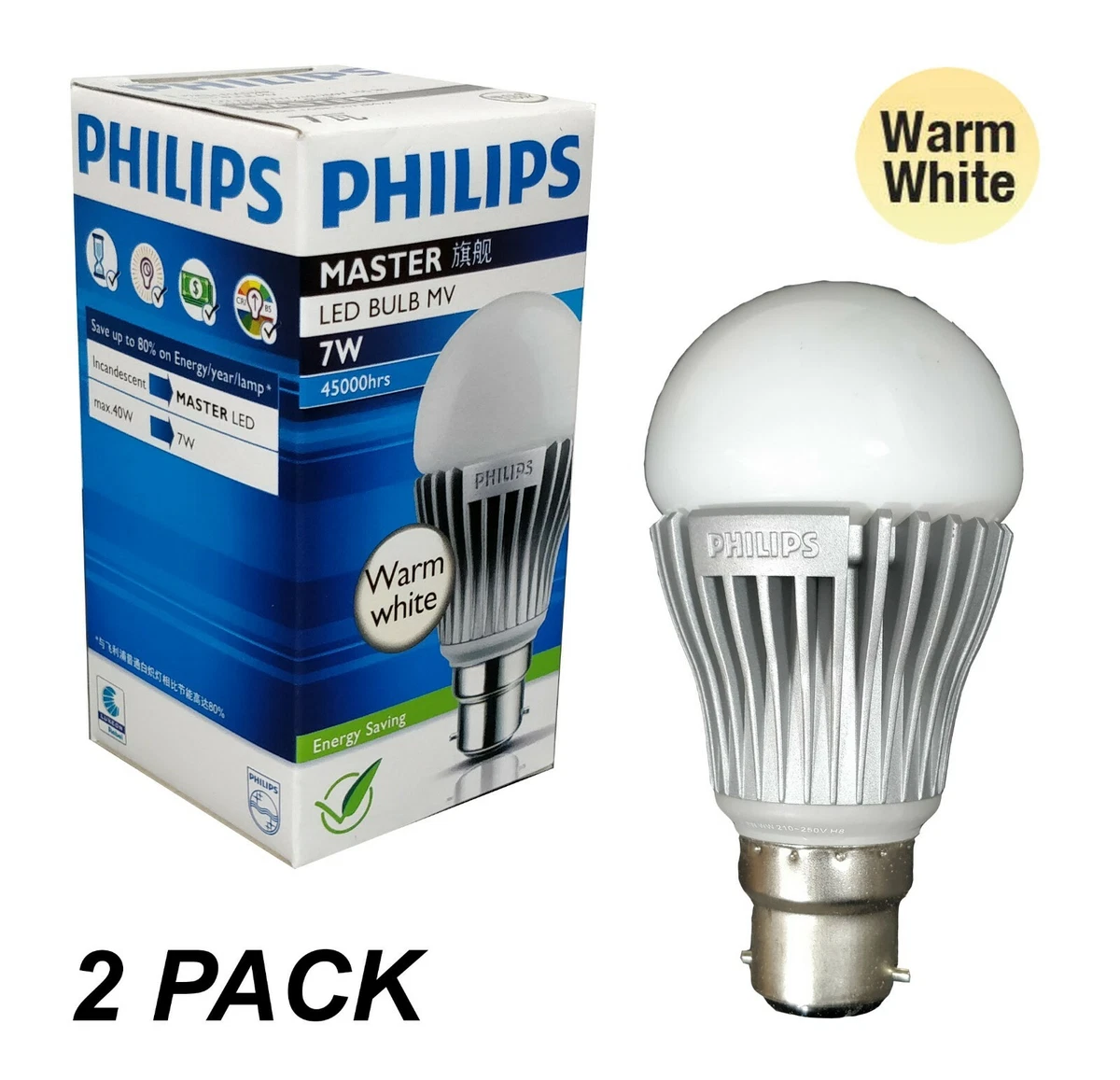 2 x 7W Philips LED Light Globes Bulbs Lamps A55 Warm White 3100K Bayonet 155Lm
