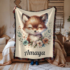 Personalized Baby Woven Blanket with Fox Picture, Nursery Decor, Baby