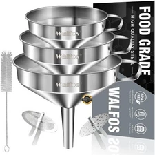 Stainless Steel Funnel 3 Pack Kitchen Funnel with 2 Removable Strainer ＆ 1Pcs...