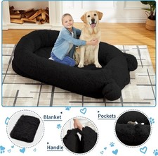 71''x45''x12''Human Size Dog Bed, Blanket, Storage Pockets, Portable Handle