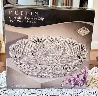 NIB Unopened Godinger Dublin Crystal 12'' Chip and Dip Two Piece Server