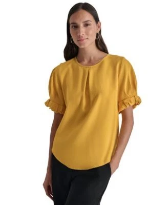 DKNY Womens Puff-Sleeve Pleated Bl Ivory XS 755403534736 XS RT $79.0