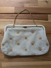 1950's CORDE BEAD Hand Bag, PURSE, CREAM/FLORAL beading